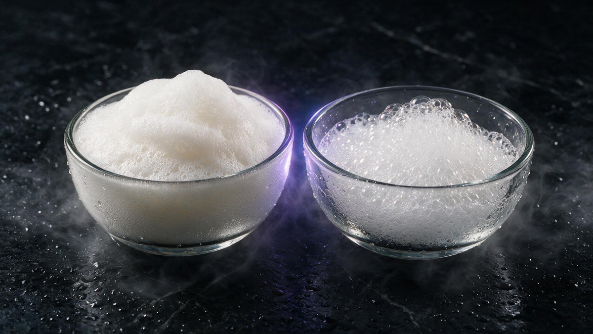 Dos texturas de espuma comparadas sobre piedra oscura: purificante ligera y clarificante densa