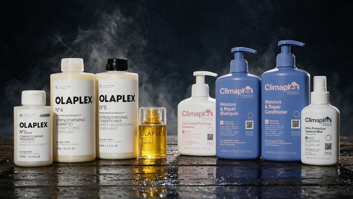 Gama completa Olaplex (Nº3 Plus, Nº4, Nº5, Nº7) frente a la gama Climaplex (Clarifying, Moisture & Repair, Leave-In Mist) sobre madera húmeda
