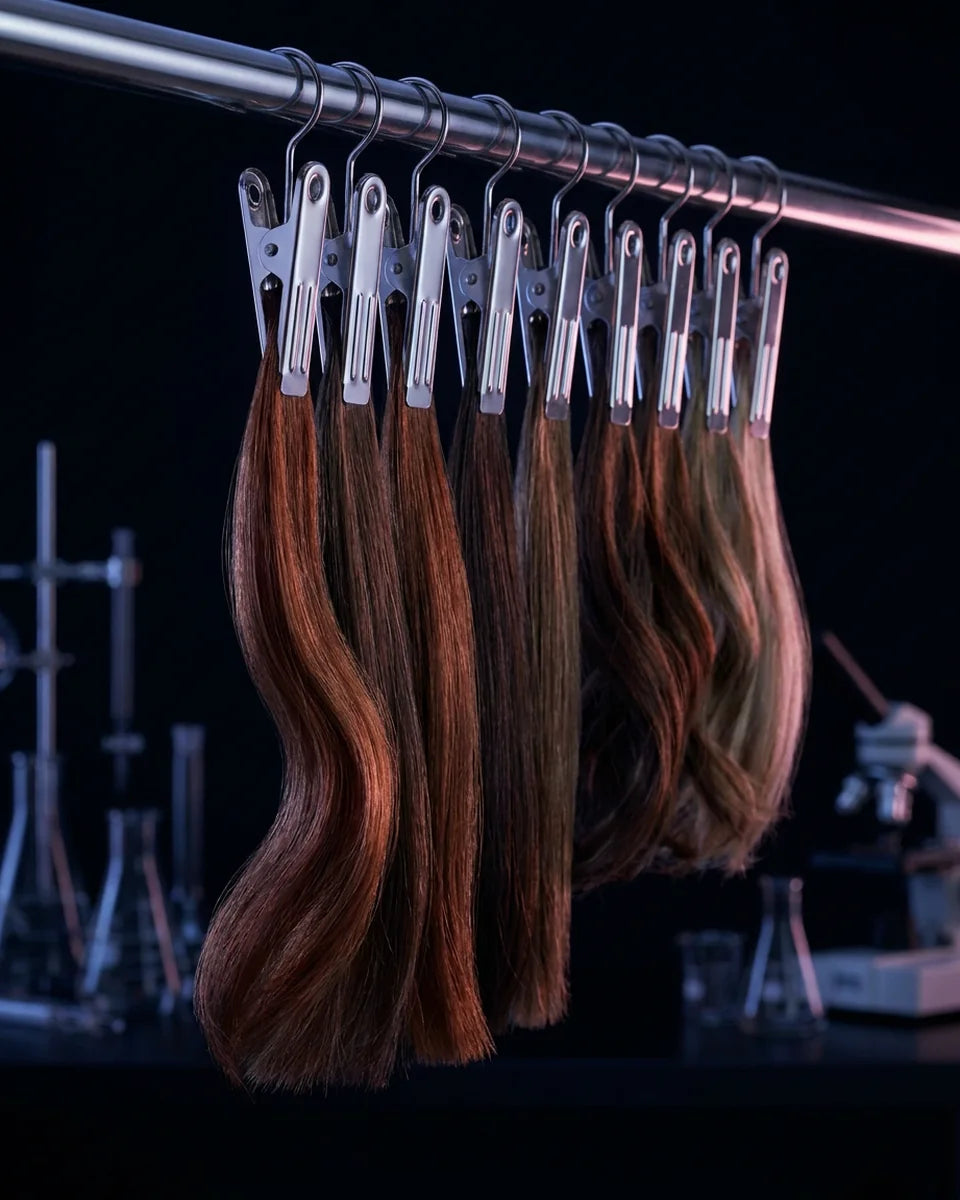 Mechones de cabello sujetos en un soporte de laboratorio, preparados para los ensayos de eficacia