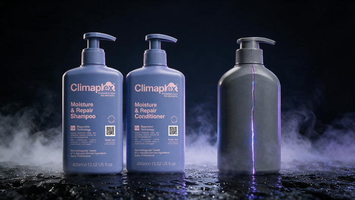 Dúo Climaplex de champú y acondicionador frente a un bote genérico gris partido por la mitad