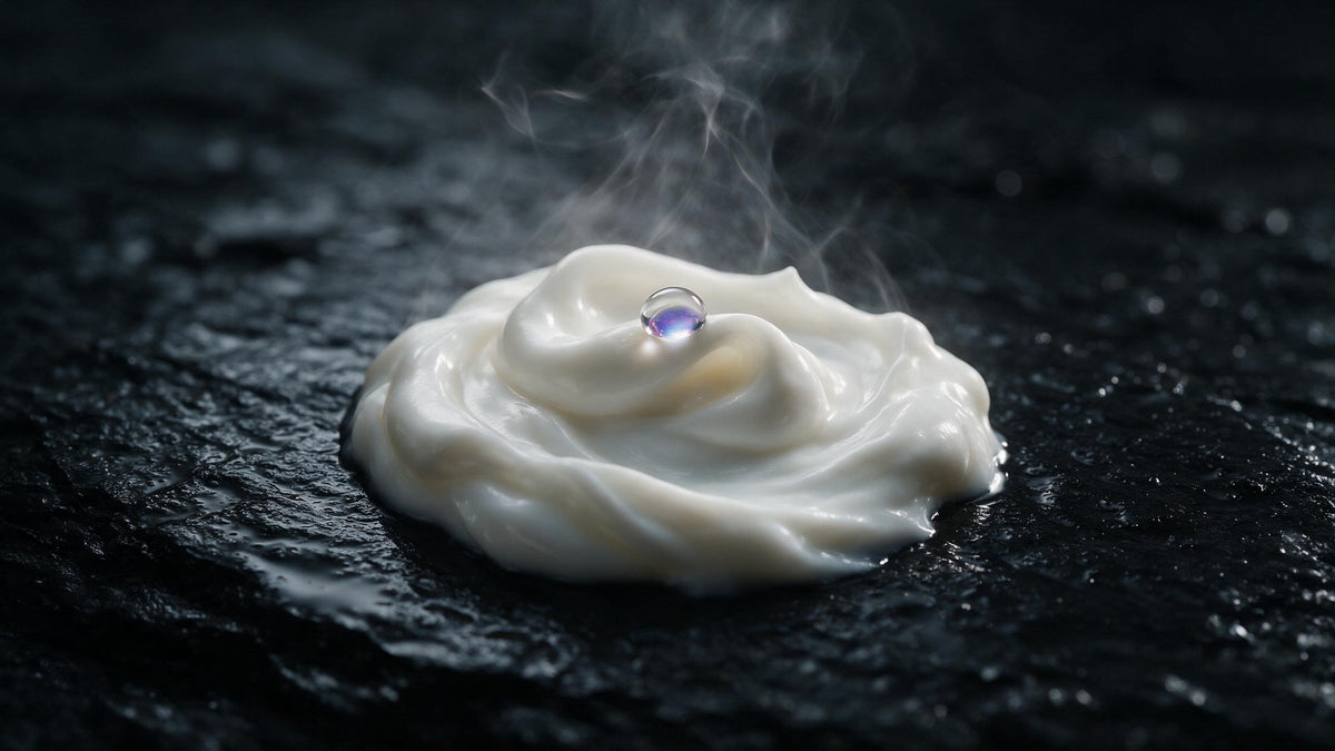Textura de crema acondicionadora con una gota de agua refractando luz