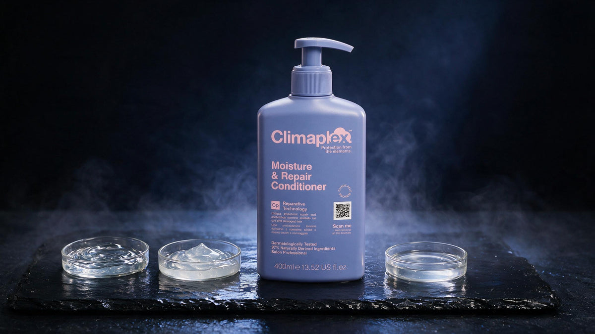 Acondicionador Climaplex junto a placas de laboratorio con texturas transparentes