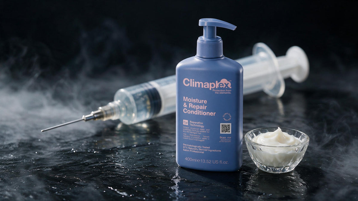 Acondicionador Climaplex y bol de crema en primer plano con una jeringa apartada y desenfocada detrás