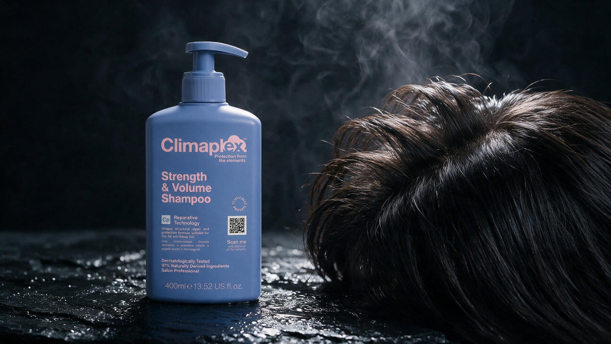 Raíz de pelo fino con volumen y luz lateral junto al champú Strength & Volume de Climaplex