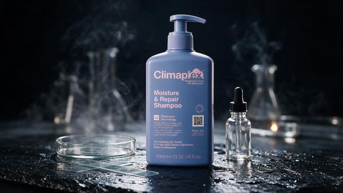 Champú Climaplex entre material de laboratorio sobre piedra oscura, concepto de testado dermatológico
