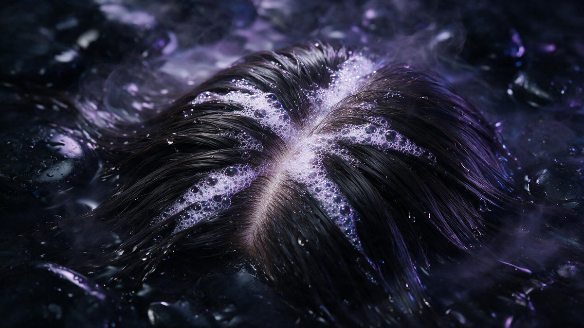 Raya del pelo con cuero cabelludo limpio y microburbujas de espuma en macro suave
