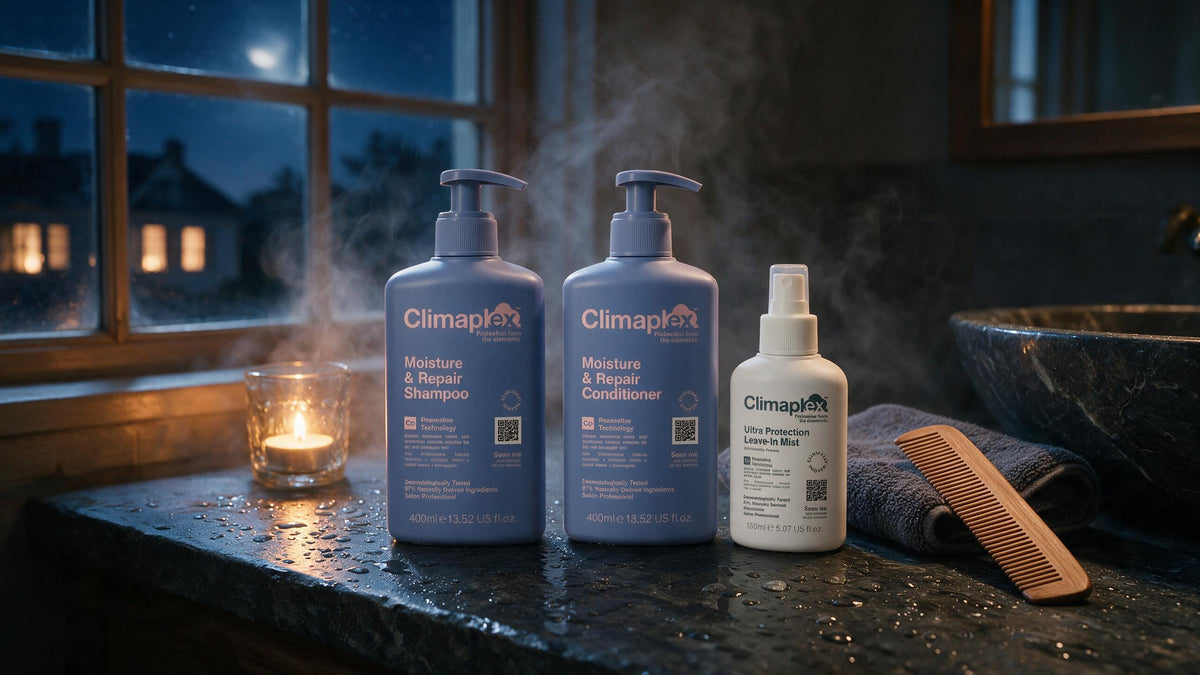 Kit Climaplex sobre lavabo de piedra oscura con luz cálida de spa casero
