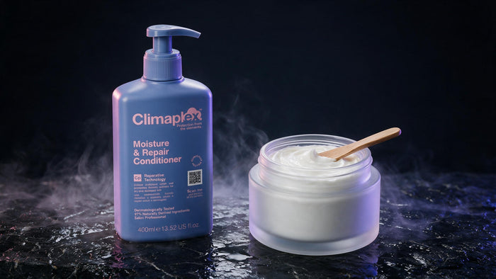 Acondicionador Climaplex junto a un tarro de mascarilla de crema blanca con espátula de madera