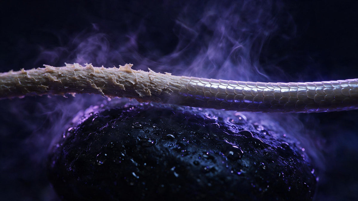 Macro de una fibra capilar con la cutícula levantada en un lado y sellada y brillante en el otro