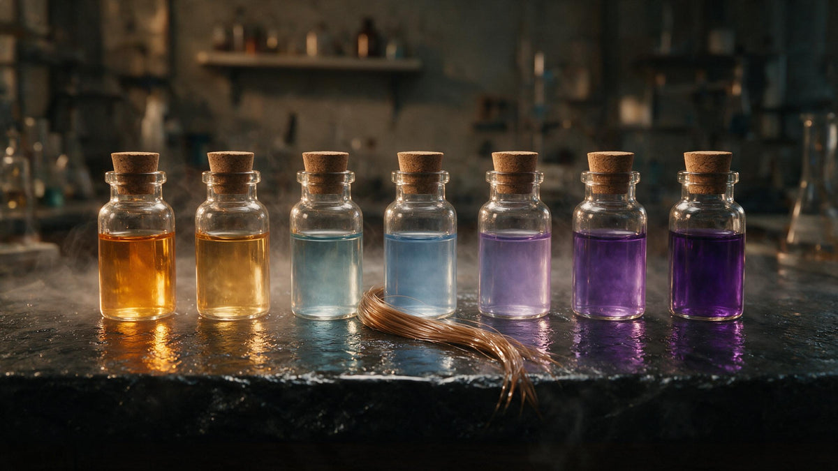 Escala de pH representada con viales de colores y un mechón de pelo sobre piedra oscura