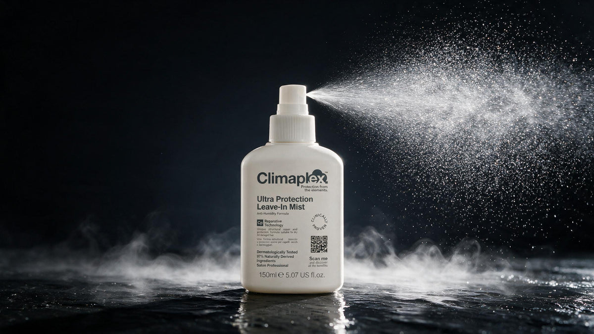 Ultra Protection Mist de Climaplex pulverizando una bruma fina a contraluz sobre fondo oscuro
