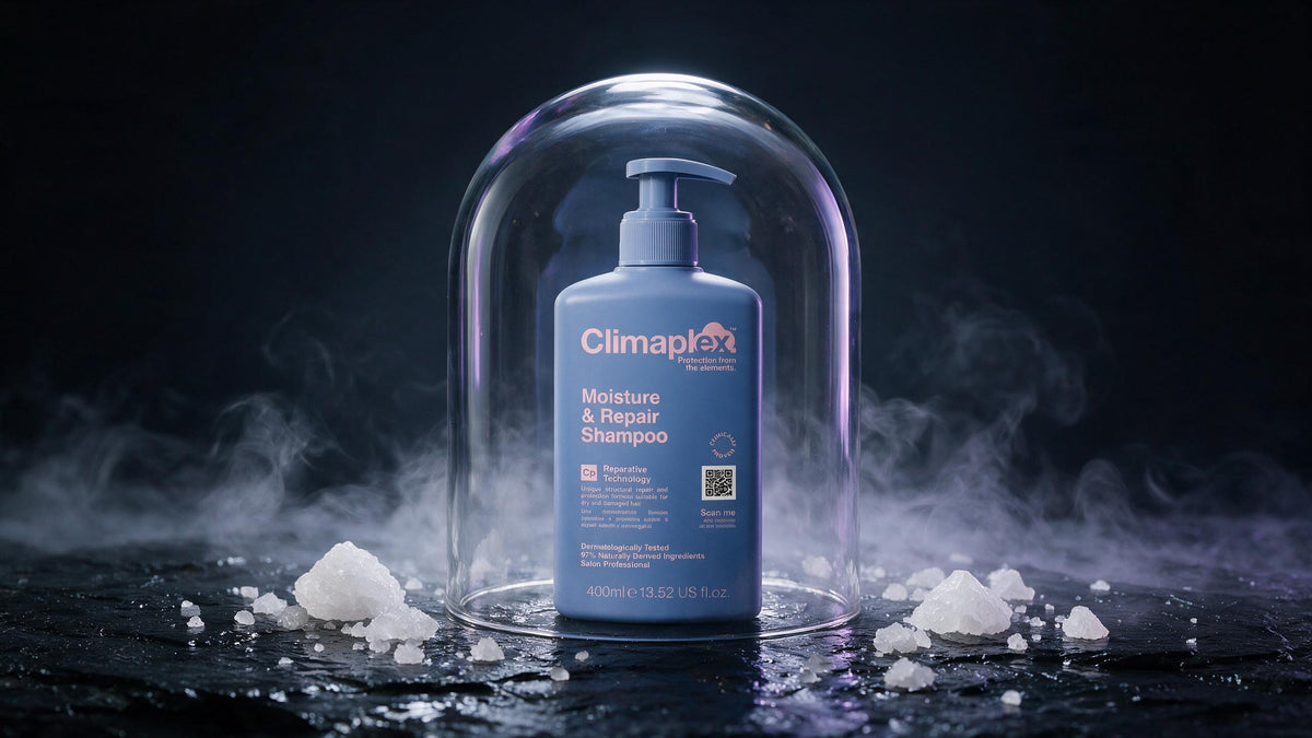 Champú Climaplex protegido bajo una campana de cristal con cristales de sal fuera, sobre piedra oscura